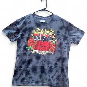 KISS Detroit Rock City '76 Tie-Dye Band Tee | Red Lips & Roses Graphic | Size L